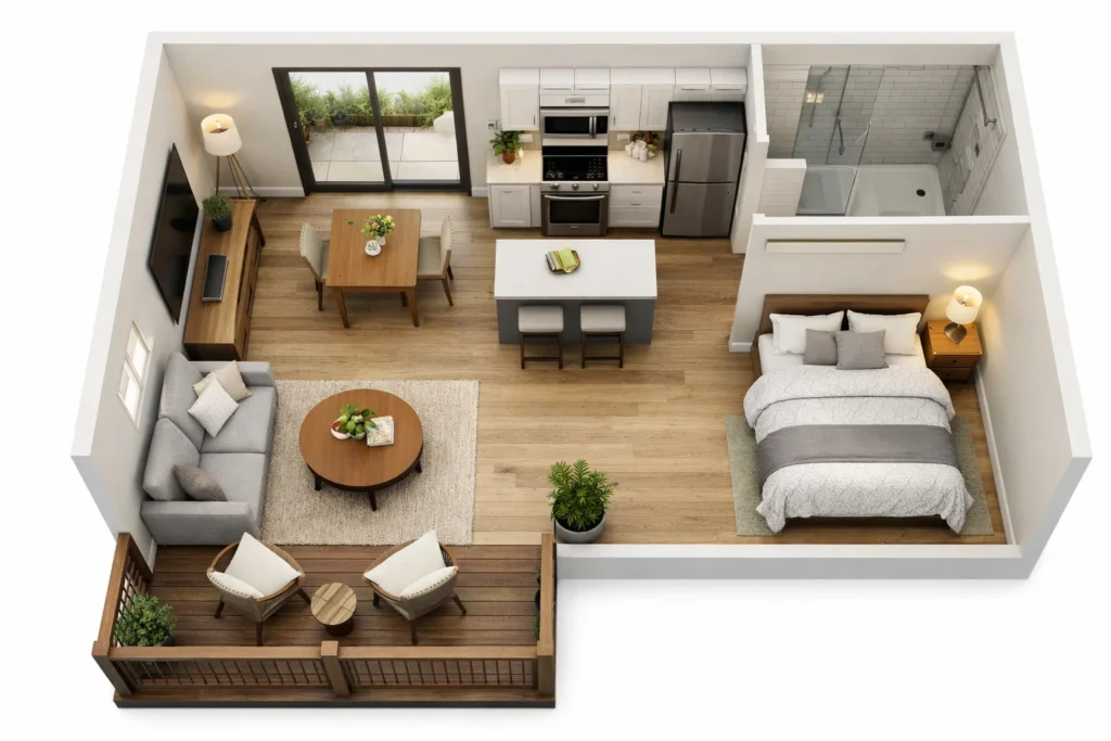 Single-Level Open Plan (600–700 sq. ft.)
