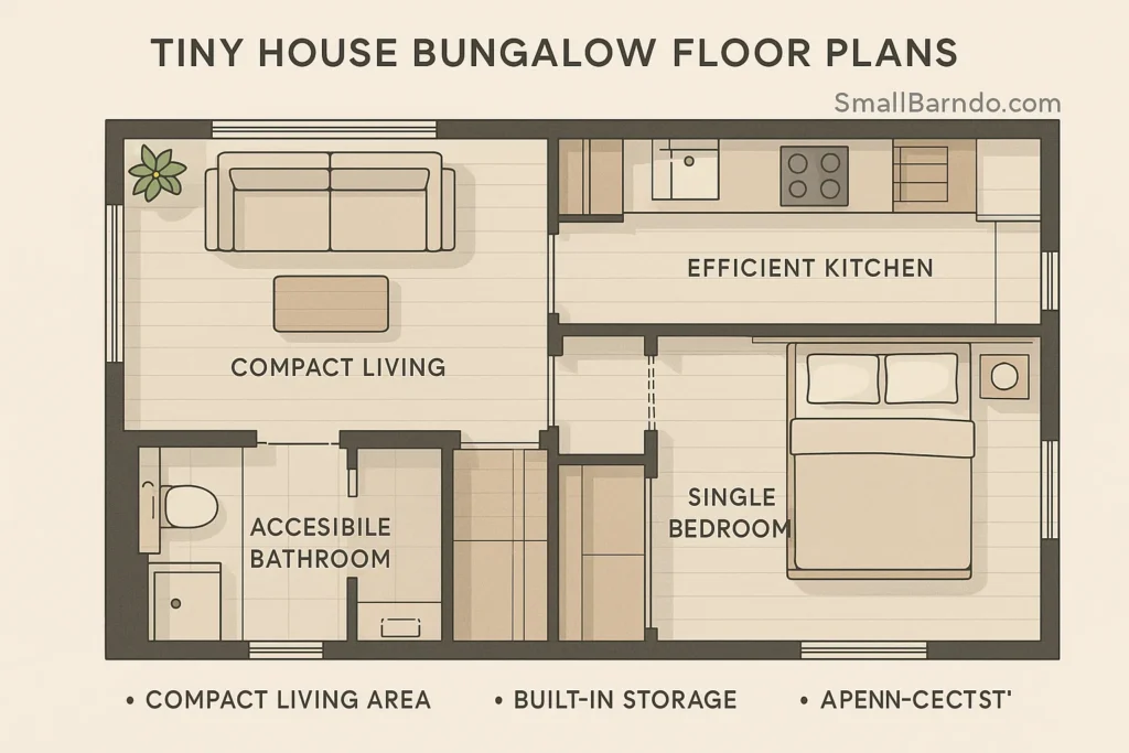 A beautiful, single-level tiny house bungalow with a porch, showcasing an open floor plan and natural light.