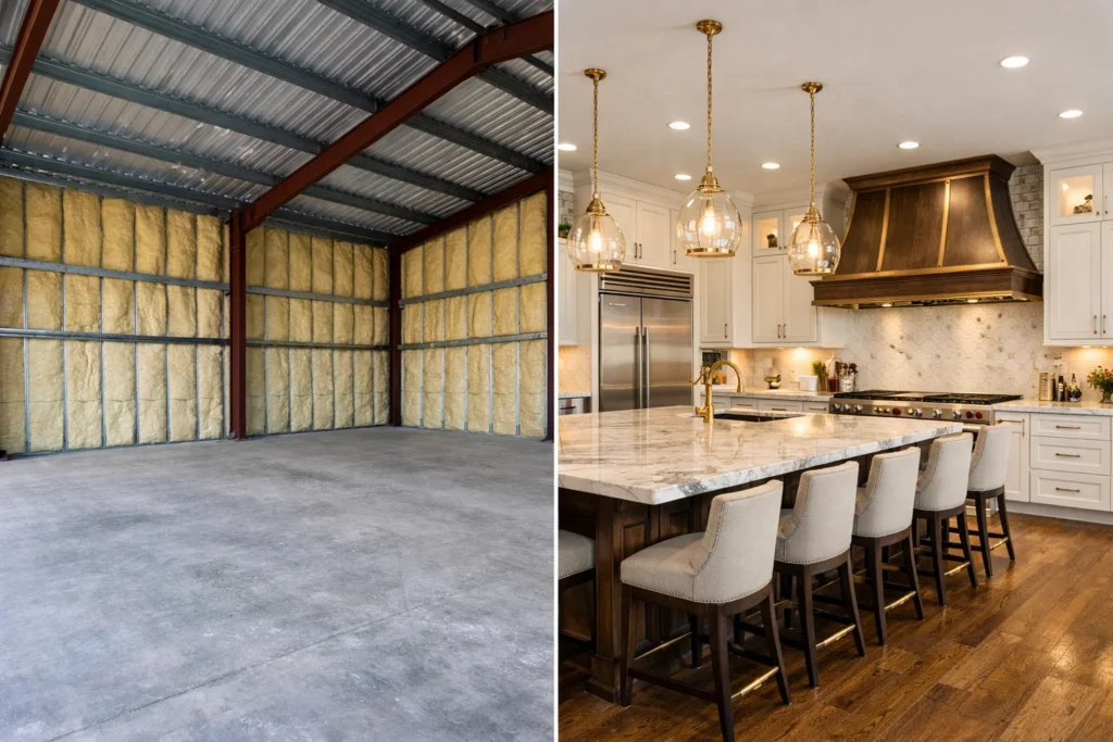 Generally speaking, the shell of a barnhouse, particularly a Barndominium utilizing a pre-engineered steel or post-frame structure and a straightforward concrete slab foundation