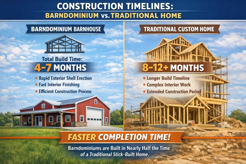 One of the most compelling benefits of using pre-engineered Barndominium barnhouse floor plans is the sheer speed of the construction process