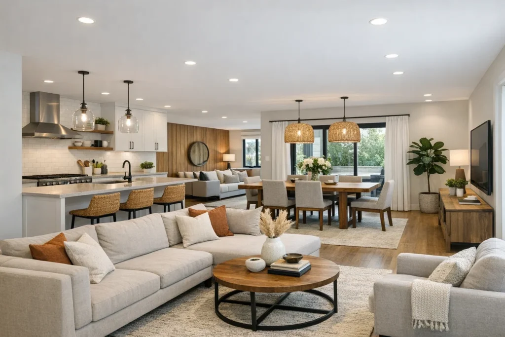 Walls are minimized to create a seamless flow between the kitchen, dining, and living areas. This open layout makes your space feel larger and more social, perfect for entertaining or relaxing.