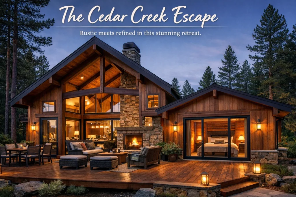 This design proves that rustic can also be refined. With a cedar-clad exterior and a contemporary interior layout, it’s both cozy and sophisticated.