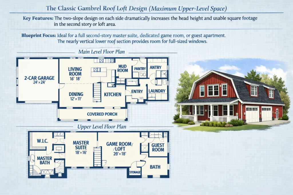 The Classic Gambrel Roof Loft Design (Maximum Upper-Level Space)
