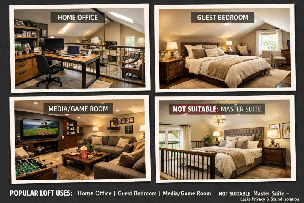 The most effective and popular uses for the loft space capitalize on its elevated