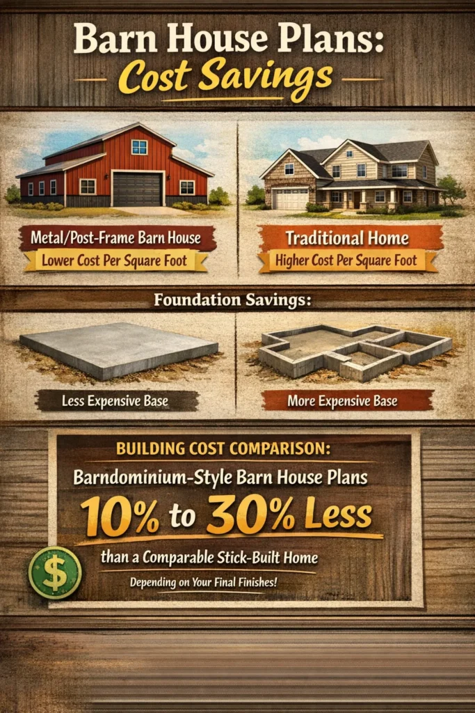 When comparing the cost per square foot for the initial shell, a metal or post-frame barn house plan is often the winner