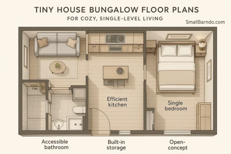A beautiful, single-level tiny house bungalow with a porch, showcasing an open floor plan and natural light.