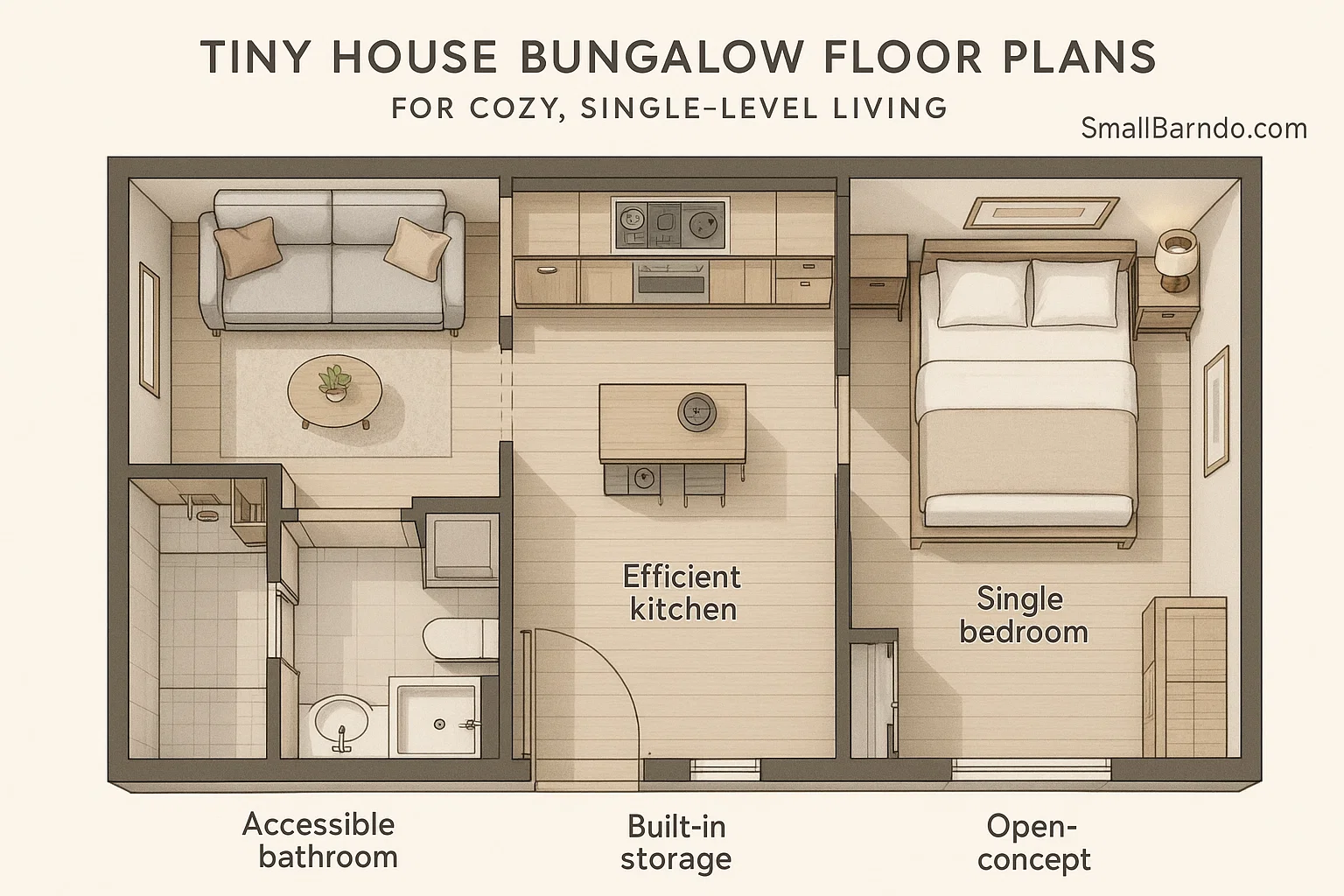 A beautiful, single-level tiny house bungalow with a porch, showcasing an open floor plan and natural light.