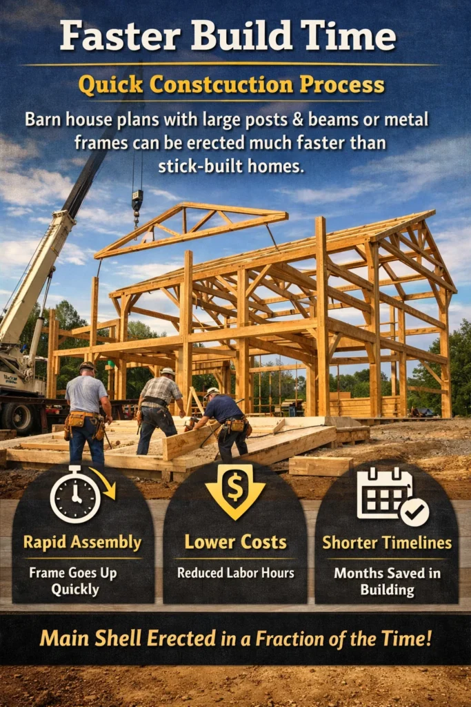the structure relies on large posts and beams or metal frames, the main shell of the barn house plan can be erected significantly faster than a stick-built home