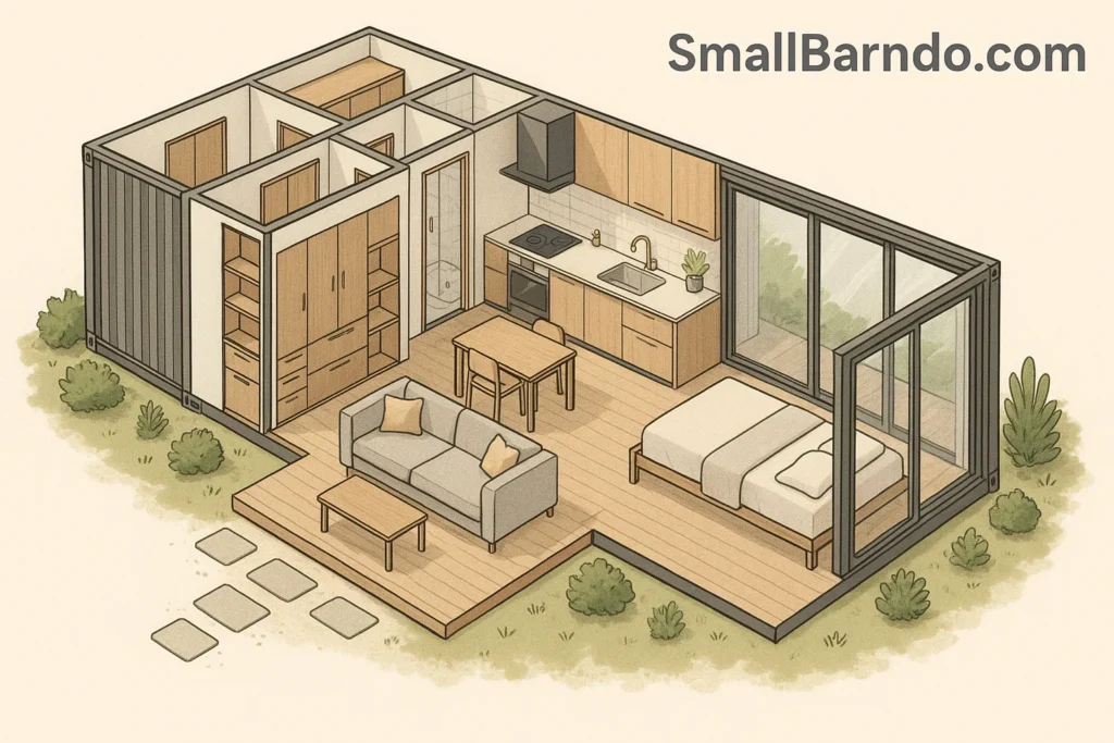 A modern, multi-stacked container house design with large glass windows and wooden cladding, illustrating innovative sustainable architecture.
