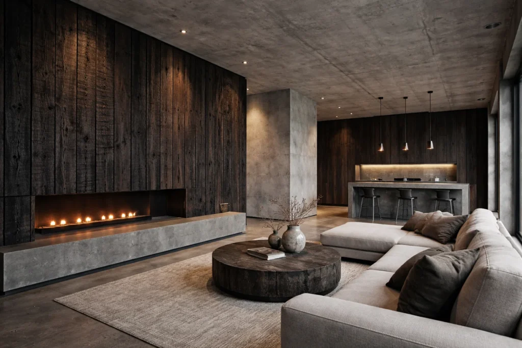 Charred Timber (Shou Sugi Ban) and Exposed Concrete