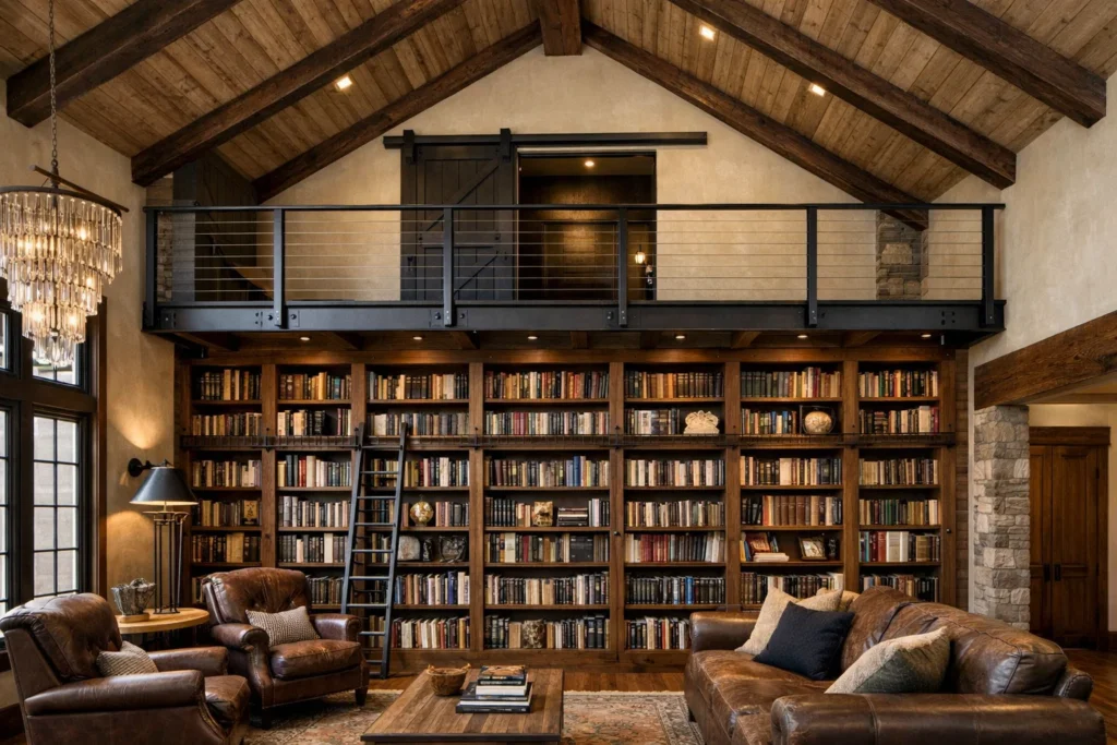 For those who want the aesthetics of a loft without consuming the entire ceiling height of the great room, design the loft access as a narrow catwalk instead of a full floor