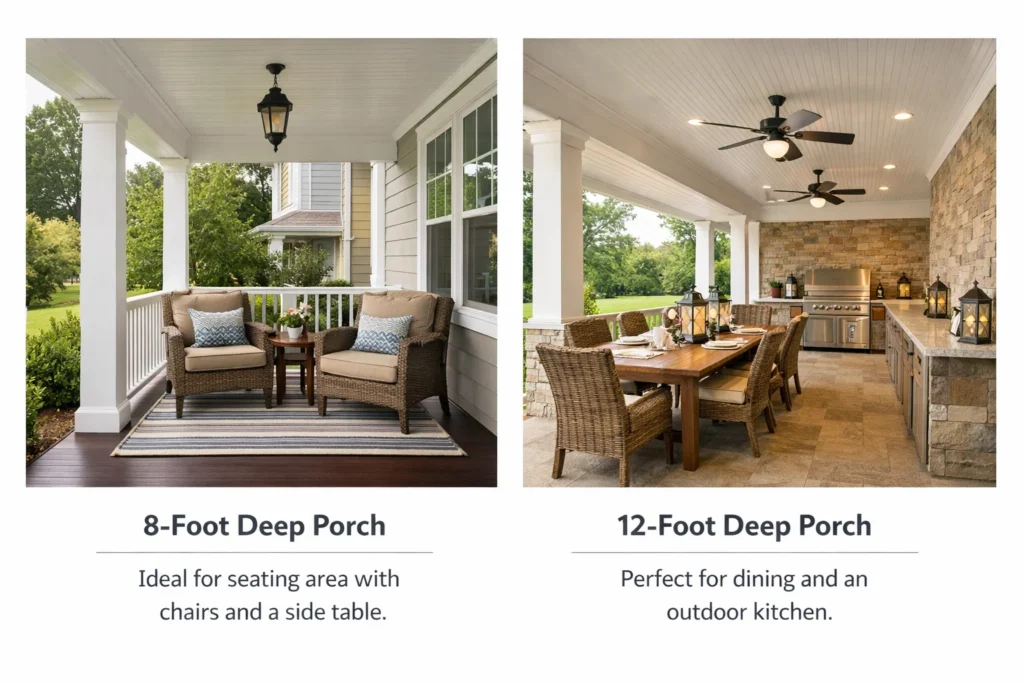 How deep should a covered front barndominium porch be to be truly functional