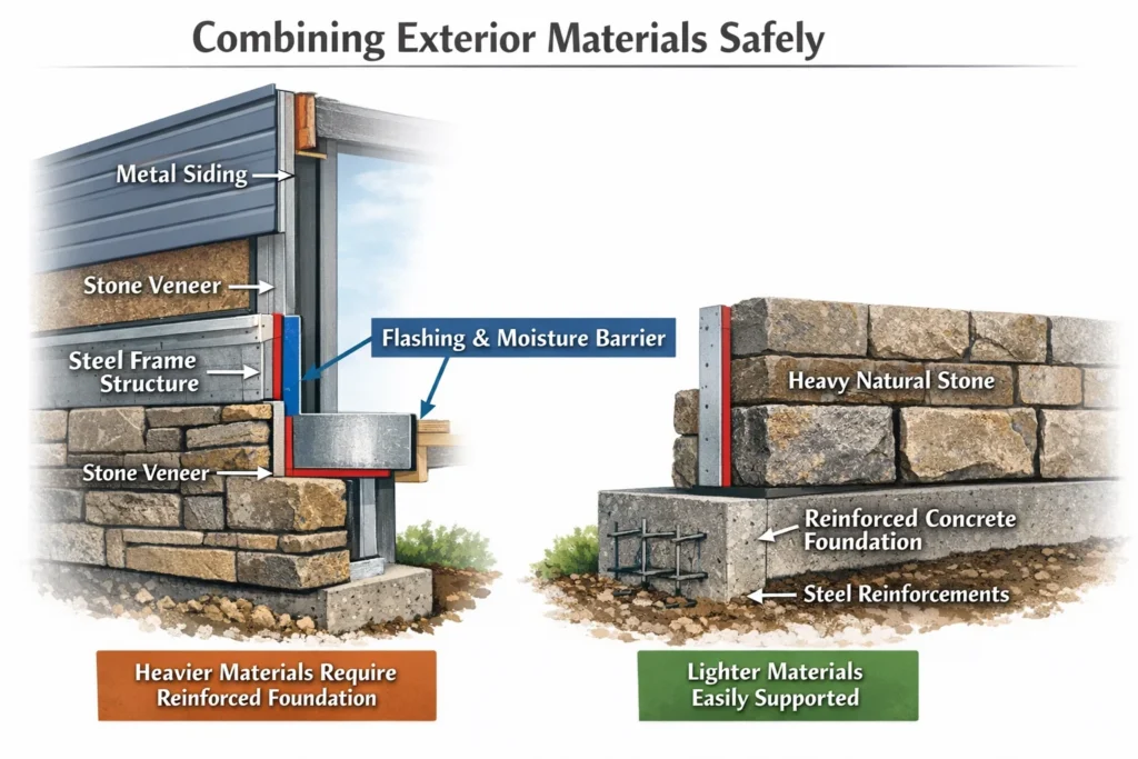 How does combining different materials affect the structural integrity of the barndominium