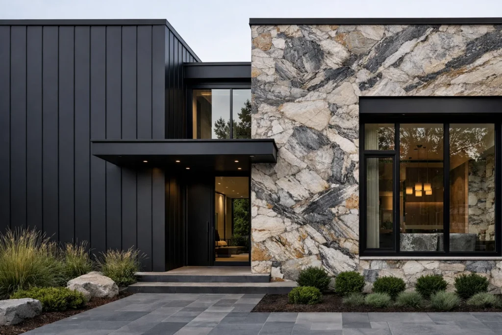 Sleek Metal Cladding and Natural Stone