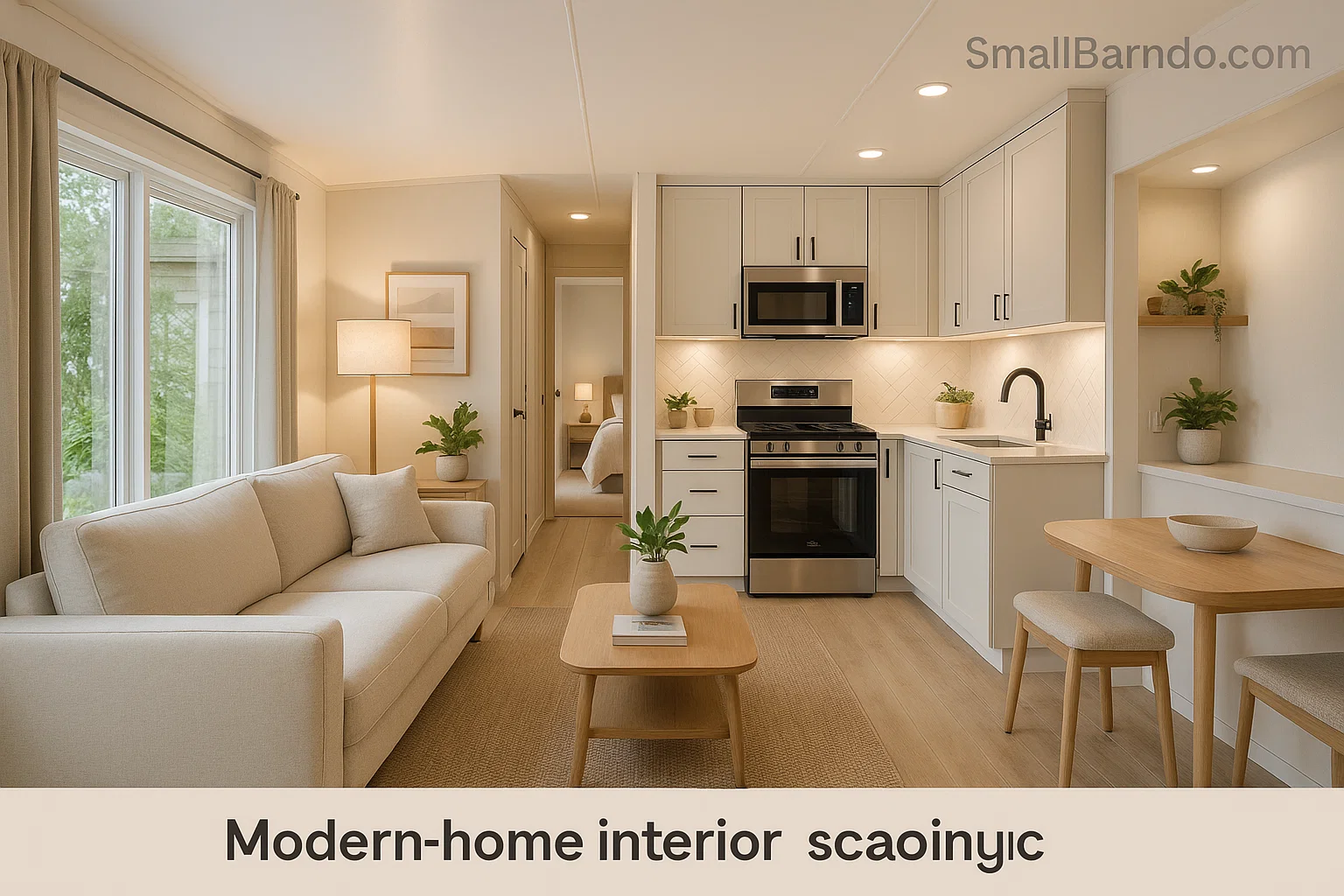 Mobile home interior design kitchen with white cabinets and new LVP flooring