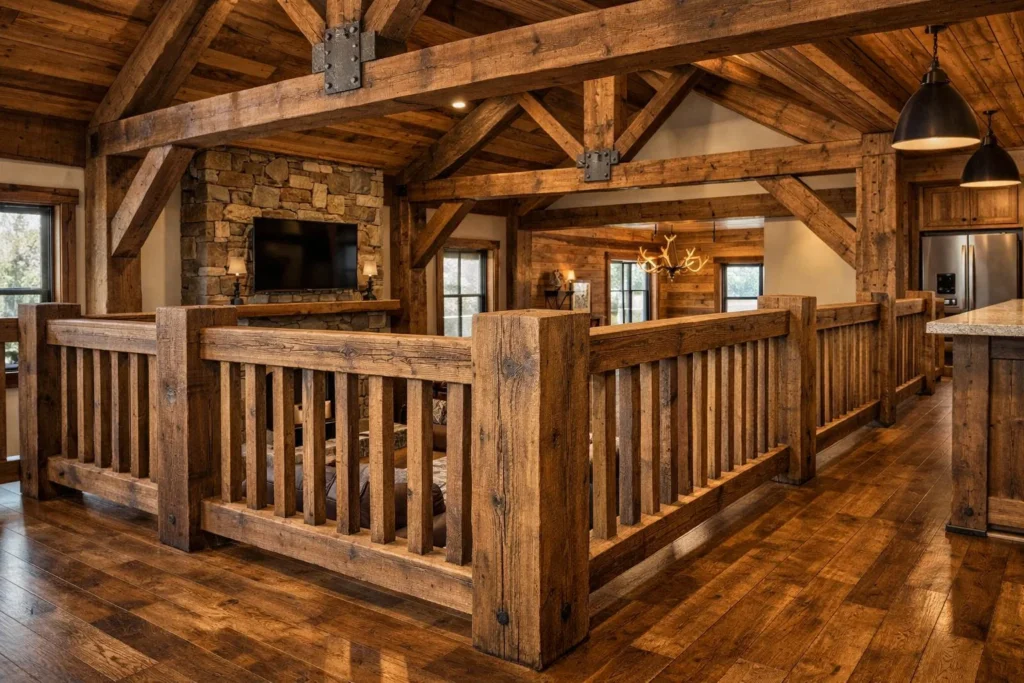 Use the same heavy timber material (e.g., reclaimed barn wood, rough-sawn cedar, or pine) as your barndominium's truss or structural beams for an unmatched cohesive look