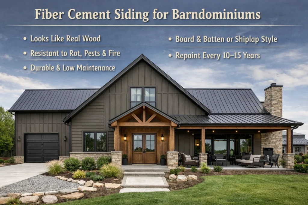 What is the benefit of using fiber cement in a barndominium exterior design