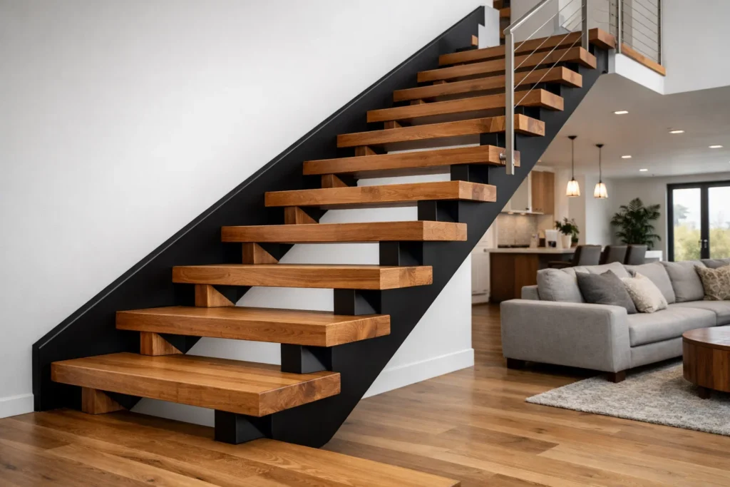 ften constructed with thick timber treads bolted directly to a steel stringer or the wall