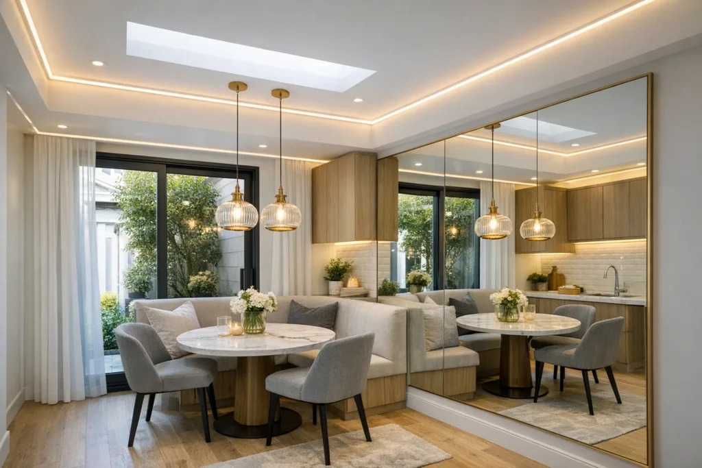 small space needs ample light to avoid feeling like a cave. You must incorporate layered lighting and reflection