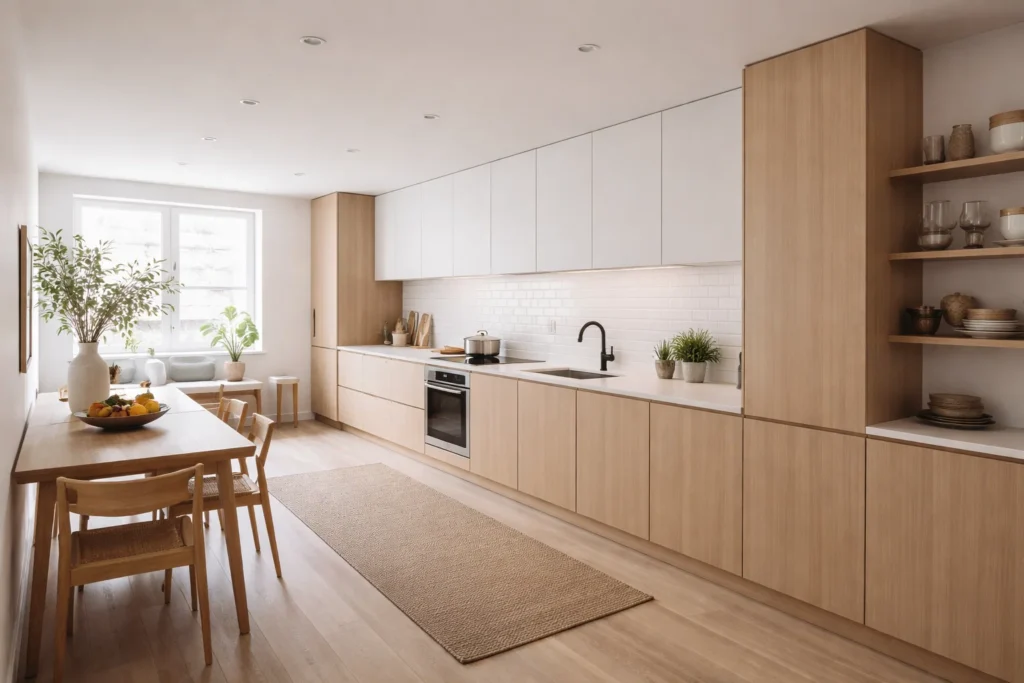 Don't break up your kitchen. A single, long "ribbon" of cabinets along one wall is far more efficient in a small house design than a U-shape or L-shape. It keeps the center of the room clear for movement and makes the space feel like a sleek gallery.