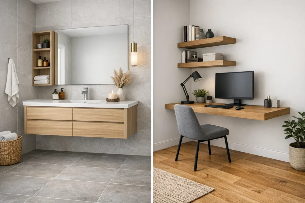 If you can see the floor under a piece of furniture, your brain perceives the room as larger. By wall-mounting your bathroom vanity and your home office desk, you keep the floor plane uninterrupted, which is a classic psychological trick for small spaces.