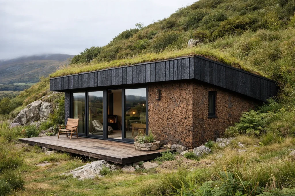 sing materials like recycled cork or charred timber (Shou Sugi Ban) allows the house to blend into the landscape