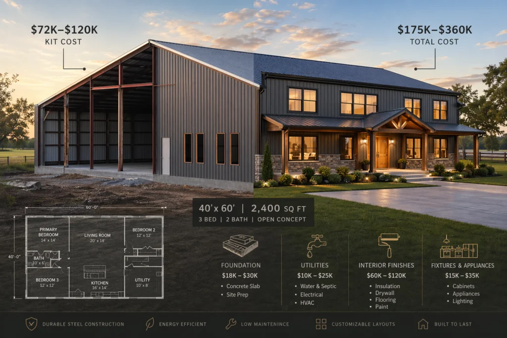 How much does a 40x60 barndominium cost?, 40x60 barndominium kit cost?, 40x60 barndominium price breakdown?, Cost to build a 40x60 barndominium?, 2400 sq ft barndominium cost?, barndominium cost per square foot 2026?, 40x60 metal building home cost, barndominium total cost with land and utilities