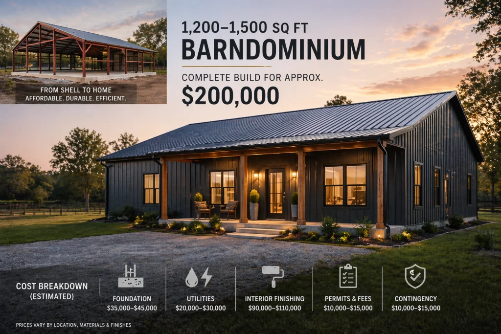 how much does a 1200 sq ft barndominium cost to build
small barndominium under 200k fully finished
barndominium cost breakdown foundation to finish
affordable modern barndominium design ideas
metal home build cost 2026 guide