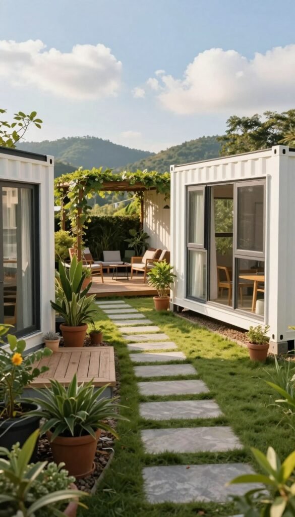 A cozy and inviting scene of affordable shipping container homes, showcasing two innovative designs side by side. In the foreground, one container home features a vibrant garden with potted plants and a small patio area, while the other has large windows that reflect natural light, creating a sense of openness. In the middle ground, a well-maintained path made of eco-friendly materials leads to a communal area with seating under a shaded trellis adorned with climbing vines. The background includes soft rolling hills and a blue sky with fluffy clouds, emphasizing the peaceful, sustainable lifestyle. Use bright, warm lighting to enhance the sense of comfort and community, captured from a slightly elevated angle to showcase the overall layout and details. The overall mood should inspire affordability and modern living. A cozy and inviting scene of affordable shipping container homes, showcasing two innovative designs side by side. In the foreground, one container home features a vibrant garden with potted plants and a small patio area, while the other has large windows that reflect natural light, creating a sense of openness. In the middle ground, a well-maintained path made of eco-friendly materials leads to a communal area with seating under a shaded trellis adorned with climbing vines. The background includes soft rolling hills and a blue sky with fluffy clouds, emphasizing the peaceful, sustainable lifestyle. Use bright, warm lighting to enhance the sense of comfort and community, captured from a slightly elevated angle to showcase the overall layout and details. The overall mood should inspire affordability and modern living.