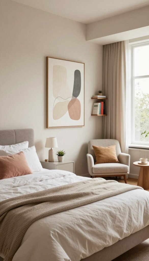 A cozy and stylish bedroom showcasing budget-friendly decor ideas with a big impact. In the foreground, a plush bed with a soft, textured throw and decorative cushions in pastel colors. To the left, a small bedside table with a minimalist lamp and a few decorative plants. In the middle, a stylish accent wall adorned with an elegant, abstract art piece in soft tones. On the right, a cozy reading nook featuring a comfortable chair and a small bookshelf filled with colorful books. The background reveals a large window allowing natural light to pour in, illuminating the space with a warm, inviting glow. The overall atmosphere is tranquil and charming, ideal for relaxation and inspiration. A cozy and stylish bedroom showcasing budget-friendly decor ideas with a big impact. In the foreground, a plush bed with a soft, textured throw and decorative cushions in pastel colors. To the left, a small bedside table with a minimalist lamp and a few decorative plants. In the middle, a stylish accent wall adorned with an elegant, abstract art piece in soft tones. On the right, a cozy reading nook featuring a comfortable chair and a small bookshelf filled with colorful books. The background reveals a large window allowing natural light to pour in, illuminating the space with a warm, inviting glow. The overall atmosphere is tranquil and charming, ideal for relaxation and inspiration.