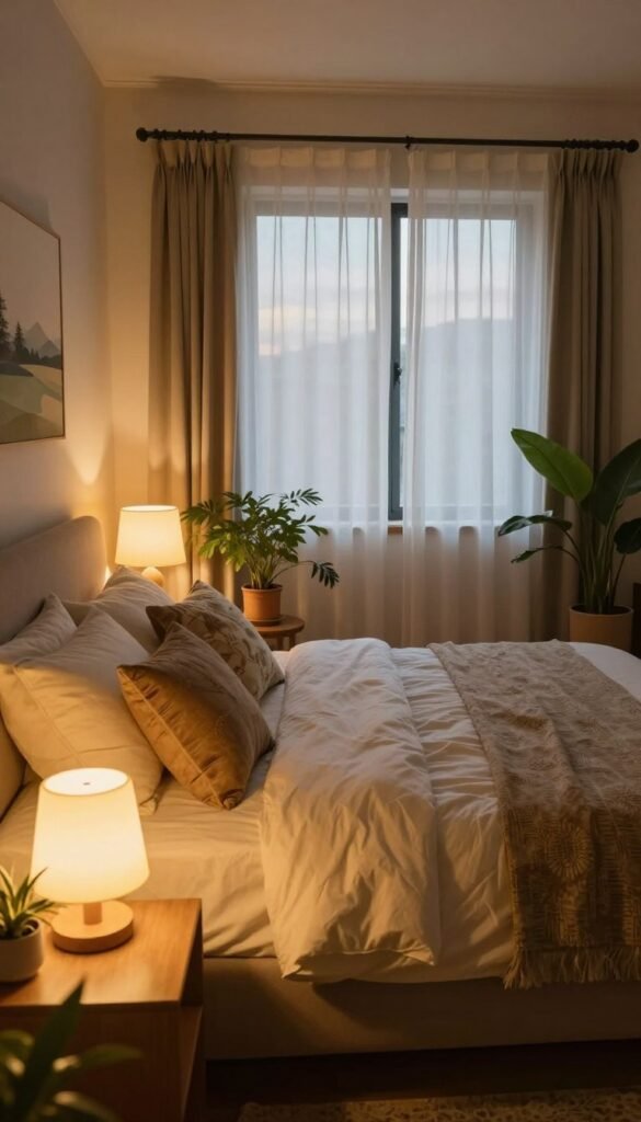 A cozy bedroom adorned with warm decor, featuring a plush bed with soft, neutral-colored linens and an assortment of decorative pillows. In the foreground, a stylish bedside table holds a glowing lamp with a soft yellow light, creating an inviting atmosphere. The middle layer reveals a large window dressed with sheer curtains that gently diffuse the evening light, casting a soothing glow across the room. In the background, subtle wall art with calming landscapes enhances the serene vibe. The room is filled with lush indoor plants, providing a touch of nature. The entire scene exudes warmth and relaxation, ideal for unwinding at the end of the day. Use a soft lens effect and a slightly elevated angle to capture a homely, inviting mood. A cozy bedroom adorned with warm decor, featuring a plush bed with soft, neutral-colored linens and an assortment of decorative pillows. In the foreground, a stylish bedside table holds a glowing lamp with a soft yellow light, creating an inviting atmosphere. The middle layer reveals a large window dressed with sheer curtains that gently diffuse the evening light, casting a soothing glow across the room. In the background, subtle wall art with calming landscapes enhances the serene vibe. The room is filled with lush indoor plants, providing a touch of nature. The entire scene exudes warmth and relaxation, ideal for unwinding at the end of the day. Use a soft lens effect and a slightly elevated angle to capture a homely, inviting mood.