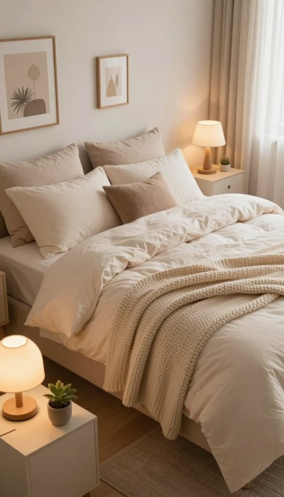 A cozy bedroom decorated in warm, inviting tones, featuring a large, layered bedding arrangement on a queen-sized bed with plush pillows and a soft, knitted throw. The foreground includes a bedside table with a stylish lamp casting a gentle glow, and a small potted plant adding a touch of greenery. In the middle, the bed takes center stage, surrounded by stylish decor like framed artwork and a neatly folded chunky blanket. The background showcases soft, natural light filtering through sheer curtains, creating a serene atmosphere. The overall composition is shot from a slightly elevated angle, evoking a sense of warmth and comfort, perfect for a restful retreat. A cozy bedroom decorated in warm, inviting tones, featuring a large, layered bedding arrangement on a queen-sized bed with plush pillows and a soft, knitted throw. The foreground includes a bedside table with a stylish lamp casting a gentle glow, and a small potted plant adding a touch of greenery. In the middle, the bed takes center stage, surrounded by stylish decor like framed artwork and a neatly folded chunky blanket. The background showcases soft, natural light filtering through sheer curtains, creating a serene atmosphere. The overall composition is shot from a slightly elevated angle, evoking a sense of warmth and comfort, perfect for a restful retreat.