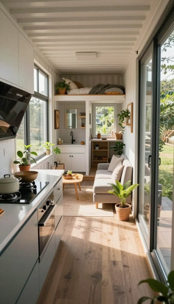 A cozy, modern shipping container home interior, showcasing an open floor plan designed for efficiency. In the foreground, a stylish kitchen area with sleek countertops and eco-friendly appliances, illuminated by soft, natural light pouring through large windows. The middle section features a comfortable living space with a modular sofa and a small dining table, adorned with potted plants for a touch of warmth. In the background, a compact but inviting bathroom and a neatly organized sleeping area, emphasizing smart storage solutions. The overall atmosphere is inviting and forward-thinking, reflecting affordability and sustainability in 2027, with a focus on code-compliance in design. The image should have a bright, airy feel, captured with a wide-angle lens to enhance the sense of space. A cozy, modern shipping container home interior, showcasing an open floor plan designed for efficiency. In the foreground, a stylish kitchen area with sleek countertops and eco-friendly appliances, illuminated by soft, natural light pouring through large windows. The middle section features a comfortable living space with a modular sofa and a small dining table, adorned with potted plants for a touch of warmth. In the background, a compact but inviting bathroom and a neatly organized sleeping area, emphasizing smart storage solutions. The overall atmosphere is inviting and forward-thinking, reflecting affordability and sustainability in 2027, with a focus on code-compliance in design. The image should have a bright, airy feel, captured with a wide-angle lens to enhance the sense of space.