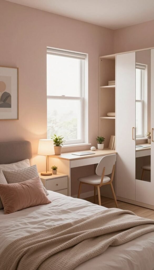 A cozy small bedroom designed for optimal space utilization. In the foreground, a neatly made bed with a stylish headboard, adorned with soft, textured pillows and a lightweight blanket. To one side, a compact nightstand with a modern lamp and a small plant. In the middle, a compact desk with a minimalist design, positioned near a window that lets in soft, natural light. The walls are painted in calming pastels, and there's tasteful wall art hanging above the bed. In the background, a small wardrobe with mirrored doors reflects light, enhancing the sense of space. The overall atmosphere is warm and inviting, with soft ambient lighting creating a serene vibe, perfect for relaxation and rest. A cozy small bedroom designed for optimal space utilization. In the foreground, a neatly made bed with a stylish headboard, adorned with soft, textured pillows and a lightweight blanket. To one side, a compact nightstand with a modern lamp and a small plant. In the middle, a compact desk with a minimalist design, positioned near a window that lets in soft, natural light. The walls are painted in calming pastels, and there's tasteful wall art hanging above the bed. In the background, a small wardrobe with mirrored doors reflects light, enhancing the sense of space. The overall atmosphere is warm and inviting, with soft ambient lighting creating a serene vibe, perfect for relaxation and rest.