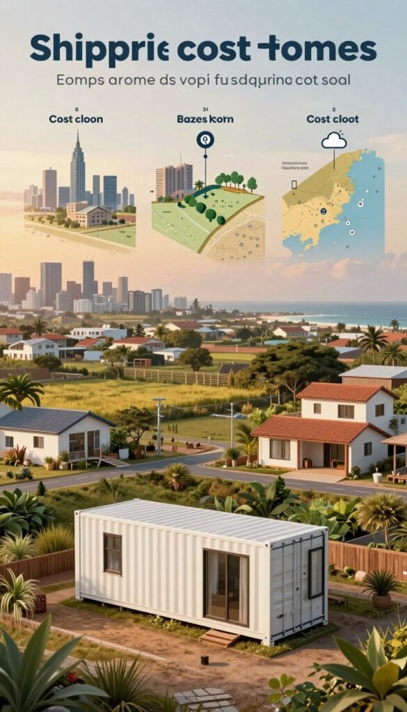 A detailed and informative illustration depicting various regional factors influencing the cost of shipping container homes. In the foreground, showcase a modern shipping container home with diverse architectural styles, situated on a typical plot of land, surrounded by regional elements such as varying vegetation, landscapes, and structures reflecting local architecture. In the middle ground, depict contrasting cityscapes, rural areas, and coastal regions to signify different geographical influences on cost, with elements like roads, utility connections, and climate indicators. In the background, use soft, diffused lighting to create a natural atmosphere, featuring a sunset that bathes the entire scene in warm hues. The image should be a balanced composition, evoking a sense of exploration and knowledge, capturing the essence of regional diversity and its impact on shipping container home pricing. A detailed and informative illustration depicting various regional factors influencing the cost of shipping container homes. In the foreground, showcase a modern shipping container home with diverse architectural styles, situated on a typical plot of land, surrounded by regional elements such as varying vegetation, landscapes, and structures reflecting local architecture. In the middle ground, depict contrasting cityscapes, rural areas, and coastal regions to signify different geographical influences on cost, with elements like roads, utility connections, and climate indicators. In the background, use soft, diffused lighting to create a natural atmosphere, featuring a sunset that bathes the entire scene in warm hues. The image should be a balanced composition, evoking a sense of exploration and knowledge, capturing the essence of regional diversity and its impact on shipping container home pricing.
