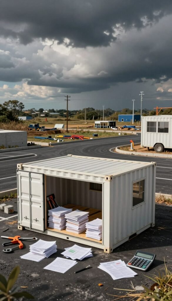 A detailed illustration depicting the hidden expenses of shipping container homes, designed for an informative article. In the foreground, showcase a shipping container home with an open door, revealing construction tools, piles of paperwork, and a calculator, symbolizing budgeting challenges. In the middle ground, include a landscape with various elements such as asphalt, concrete, and utility connections, emphasizing additional costs. The background shows a cloudy sky, symbolizing unforeseen issues, such as weather-related expenses or land preparation. The lighting should be moody and dramatic, casting shadows that highlight the complexity of budgeting. Use a wide-angle perspective to encompass all elements cohesively. The overall atmosphere should evoke a sense of complexity and caution in financial planning for container homes. A detailed illustration depicting the hidden expenses of shipping container homes, designed for an informative article. In the foreground, showcase a shipping container home with an open door, revealing construction tools, piles of paperwork, and a calculator, symbolizing budgeting challenges. In the middle ground, include a landscape with various elements such as asphalt, concrete, and utility connections, emphasizing additional costs. The background shows a cloudy sky, symbolizing unforeseen issues, such as weather-related expenses or land preparation. The lighting should be moody and dramatic, casting shadows that highlight the complexity of budgeting. Use a wide-angle perspective to encompass all elements cohesively. The overall atmosphere should evoke a sense of complexity and caution in financial planning for container homes.