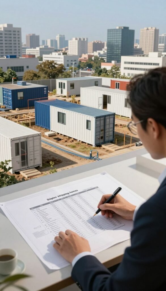 A detailed illustration of the various factors influencing the cost of shipping container homes, set in a modern urban environment. In the foreground, a professional in business attire examines blueprints and cost breakdown charts on a table, representing professional fees and planning. The middle ground depicts several shipping containers arranged as homes, with visible elements like land plots and foundational structures. Utilities such as water and electricity lines are subtly integrated in the scene. The background features a skyline of city buildings and a clear blue sky, signifying urban living. Soft natural lighting casts gentle shadows, creating a realistic atmosphere. The overall mood is informative and professional, designed to engage readers in the complexities of container home costs. A detailed illustration of the various factors influencing the cost of shipping container homes, set in a modern urban environment. In the foreground, a professional in business attire examines blueprints and cost breakdown charts on a table, representing professional fees and planning. The middle ground depicts several shipping containers arranged as homes, with visible elements like land plots and foundational structures. Utilities such as water and electricity lines are subtly integrated in the scene. The background features a skyline of city buildings and a clear blue sky, signifying urban living. Soft natural lighting casts gentle shadows, creating a realistic atmosphere. The overall mood is informative and professional, designed to engage readers in the complexities of container home costs.