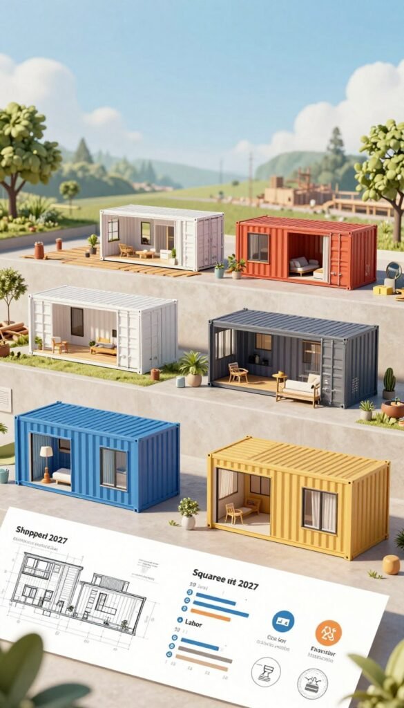 A detailed infographic-style illustration showing various factors influencing the cost of shipping container homes per square foot in 2027. In the foreground, visually distinct elements such as blueprints of container homes, cost breakdown charts, and icons representing key factors like location, materials, labor, and permits. In the middle layer, stylized shipping containers in various configurations, illustrating aesthetics and functionality, set against a backdrop of a construction site. The background features a serene landscape with trees and a clear sky, evoking a peaceful living environment. Soft, natural lighting enhances the overall mood, with a focus on a professional setting. An angled perspective captures the depth and complexity of the shipping container housing market. A detailed infographic-style illustration showing various factors influencing the cost of shipping container homes per square foot in 2027. In the foreground, visually distinct elements such as blueprints of container homes, cost breakdown charts, and icons representing key factors like location, materials, labor, and permits. In the middle layer, stylized shipping containers in various configurations, illustrating aesthetics and functionality, set against a backdrop of a construction site. The background features a serene landscape with trees and a clear sky, evoking a peaceful living environment. Soft, natural lighting enhances the overall mood, with a focus on a professional setting. An angled perspective captures the depth and complexity of the shipping container housing market.