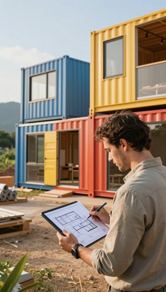 A detailed scene depicting a modern shipping container home environment, showcasing various stages of construction. In the foreground, a professional designer in smart casual attire is reviewing architectural blueprints on a tablet. The middle ground features two shipping containers being assembled, painted in vibrant colors, with elements like windows and doors being installed. In the background, a picturesque landscape with greenery and mountains under a clear blue sky sets a serene atmosphere, conveying the potential of sustainable living. The lighting is warm and natural, emphasizing the textures of the containers and surrounding materials. The image captures a hopeful, ambitious mood, highlighting the innovative concept of shipping container homes as a viable housing solution in 2027. A detailed scene depicting a modern shipping container home environment, showcasing various stages of construction. In the foreground, a professional designer in smart casual attire is reviewing architectural blueprints on a tablet. The middle ground features two shipping containers being assembled, painted in vibrant colors, with elements like windows and doors being installed. In the background, a picturesque landscape with greenery and mountains under a clear blue sky sets a serene atmosphere, conveying the potential of sustainable living. The lighting is warm and natural, emphasizing the textures of the containers and surrounding materials. The image captures a hopeful, ambitious mood, highlighting the innovative concept of shipping container homes as a viable housing solution in 2027.