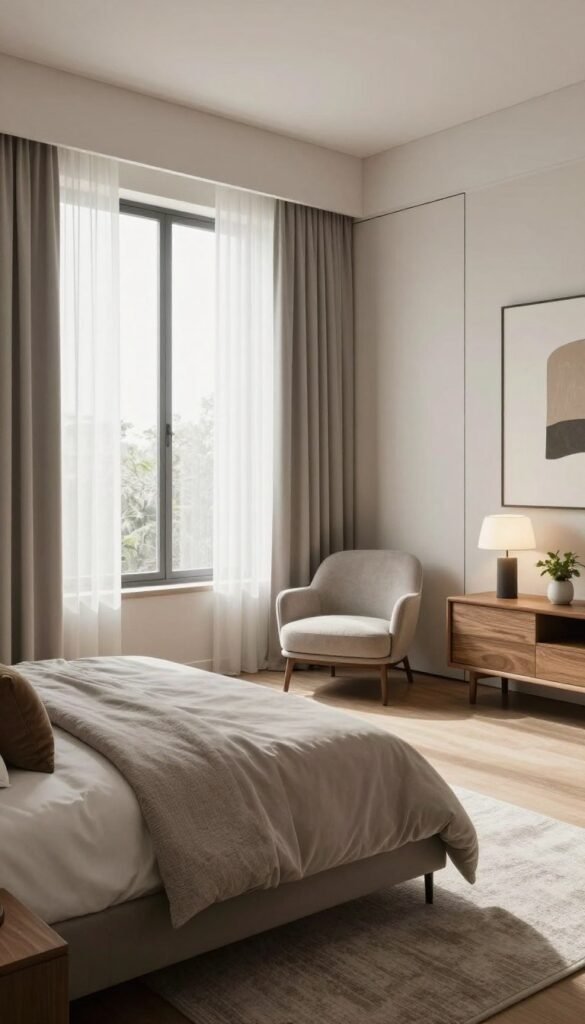 A modern bedroom design featuring a serene and stylish atmosphere, emphasizing clean lines and comfortable details. The foreground showcases a sleek, minimalistic bed with a soft, plush comforter and decorative pillows. A wooden bedside table holds a contemporary lamp and a small plant. In the middle, a cozy area rug adds warmth, with an elegant armchair beside a large window draped in light, airy curtains, allowing natural sunlight to flood the room. The background features a simple, stylish wardrobe and a piece of abstract wall art. Use soft, diffused lighting to enhance the inviting ambiance, captured from a slightly angled viewpoint to reveal the room's depth. The overall mood is modern, relaxing, and effortlessly chic. A modern bedroom design featuring a serene and stylish atmosphere, emphasizing clean lines and comfortable details. The foreground showcases a sleek, minimalistic bed with a soft, plush comforter and decorative pillows. A wooden bedside table holds a contemporary lamp and a small plant. In the middle, a cozy area rug adds warmth, with an elegant armchair beside a large window draped in light, airy curtains, allowing natural sunlight to flood the room. The background features a simple, stylish wardrobe and a piece of abstract wall art. Use soft, diffused lighting to enhance the inviting ambiance, captured from a slightly angled viewpoint to reveal the room's depth. The overall mood is modern, relaxing, and effortlessly chic.