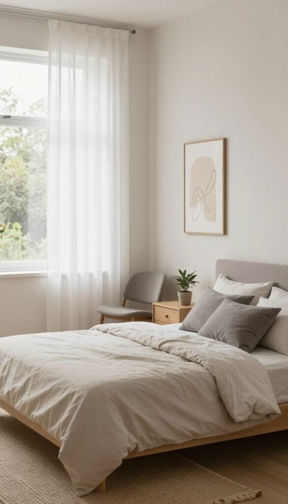 A serene minimalist bedroom featuring soft natural light filtering through sheer white curtains. In the foreground, a neatly made bed with a light beige duvet and plush gray pillows is complemented by a sleek wooden nightstand holding a single potted plant. The middle ground showcases a simple yet elegant chair tucked against a pale wall adorned with an abstract line drawing in soft earth tones. A cozy woven rug lies beneath the bed, adding warmth to the space. In the background, a large window acts as a focal point, with a calming view of greenery outside, enhancing the inviting atmosphere. The overall mood is tranquil and stylish, with a focus on simplicity and comfort, captured from a slightly elevated angle to showcase the layout and openness of the room. A serene minimalist bedroom featuring soft natural light filtering through sheer white curtains. In the foreground, a neatly made bed with a light beige duvet and plush gray pillows is complemented by a sleek wooden nightstand holding a single potted plant. The middle ground showcases a simple yet elegant chair tucked against a pale wall adorned with an abstract line drawing in soft earth tones. A cozy woven rug lies beneath the bed, adding warmth to the space. In the background, a large window acts as a focal point, with a calming view of greenery outside, enhancing the inviting atmosphere. The overall mood is tranquil and stylish, with a focus on simplicity and comfort, captured from a slightly elevated angle to showcase the layout and openness of the room.