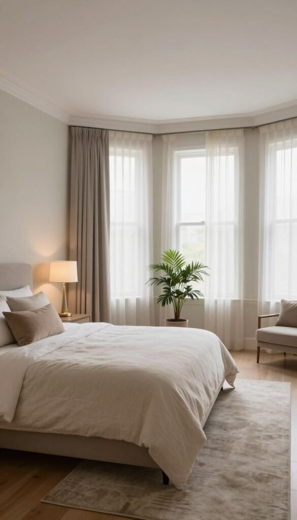 A spacious master bedroom featuring a harmonious blend of modern and cozy elements. In the foreground, a beautifully made king-sized bed with soft, textured linens, adorned with plush pillows in muted tones of beige and cream. On one side, an elegant nightstand with a sleek lamp casts a warm glow. In the middle, a stylish area rug anchors the space, providing comfort underfoot. The background showcases large windows draped with sheer curtains, allowing soft, natural light to fill the room. A potted plant adds a touch of greenery. The walls are painted in a serene pastel shade, enhancing the tranquil atmosphere. Capture this scene with a wide-angle lens, emphasizing the room's spaciousness, and create a calming and inviting mood. A spacious master bedroom featuring a harmonious blend of modern and cozy elements. In the foreground, a beautifully made king-sized bed with soft, textured linens, adorned with plush pillows in muted tones of beige and cream. On one side, an elegant nightstand with a sleek lamp casts a warm glow. In the middle, a stylish area rug anchors the space, providing comfort underfoot. The background showcases large windows draped with sheer curtains, allowing soft, natural light to fill the room. A potted plant adds a touch of greenery. The walls are painted in a serene pastel shade, enhancing the tranquil atmosphere. Capture this scene with a wide-angle lens, emphasizing the room's spaciousness, and create a calming and inviting mood.