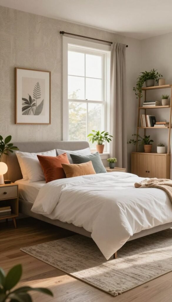 A stylish and cozy bedroom featuring a harmonious blend of modern and bohemian design elements. In the foreground, a neatly made king-sized bed with plush white linens and colorful accent pillows sits against a feature wall adorned with textured wallpaper. On one side, a stylish nightstand holds a sleek lamp and a verdant potted plant. In the middle, a soft area rug anchors the space, complementing the wood flooring. The background showcases a large window allowing warm, natural light to flood in, casting gentle shadows. Subtle decorative elements like framed artwork and bookshelves filled with plants create a cohesive style. The overall mood is welcoming and tranquil, inviting relaxation and comfort. Use soft, diffused lighting to enhance the cozy atmosphere. A stylish and cozy bedroom featuring a harmonious blend of modern and bohemian design elements. In the foreground, a neatly made king-sized bed with plush white linens and colorful accent pillows sits against a feature wall adorned with textured wallpaper. On one side, a stylish nightstand holds a sleek lamp and a verdant potted plant. In the middle, a soft area rug anchors the space, complementing the wood flooring. The background showcases a large window allowing warm, natural light to flood in, casting gentle shadows. Subtle decorative elements like framed artwork and bookshelves filled with plants create a cohesive style. The overall mood is welcoming and tranquil, inviting relaxation and comfort. Use soft, diffused lighting to enhance the cozy atmosphere.