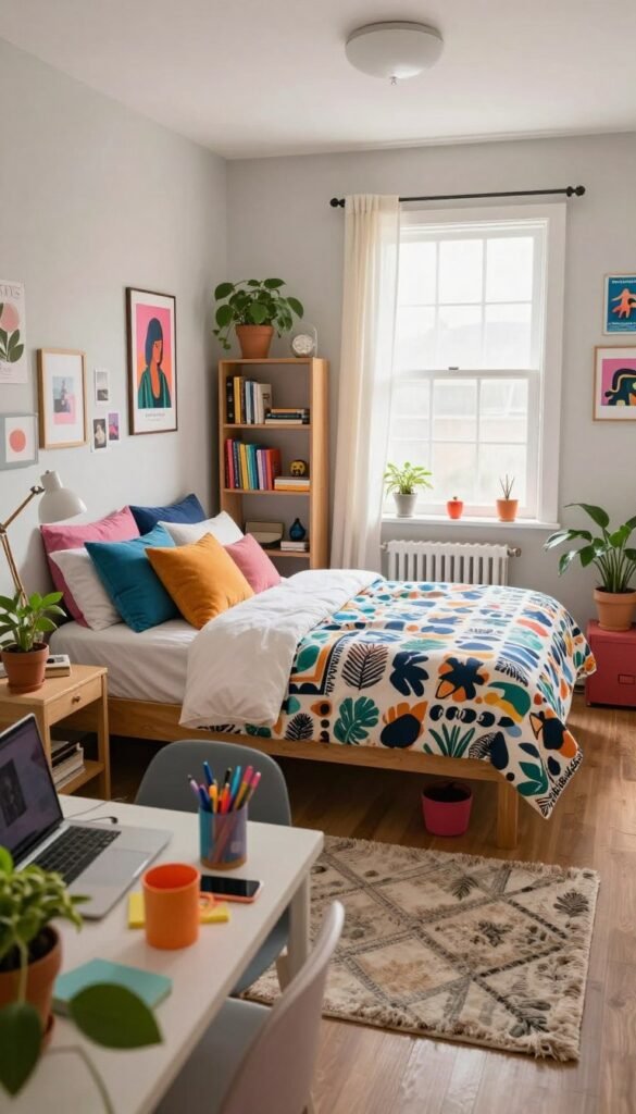 A stylish teenage bedroom showcasing vibrant yet harmonious colors, featuring a cozy bed with patterned bedding, layered with plush pillows. The foreground includes a desk with colorful stationery and a laptop, surrounded by plants for a touch of nature. In the middle, a trendy bookshelf displays books and decorative items, while a soft rug adds warmth underfoot. The background reveals a window with sheer curtains allowing natural light to filter in, creating a bright and inviting atmosphere. Add wall art that reflects personality, such as posters and photographs. The scene should evoke a sense of creativity and flexibility, capturing a youthful spirit, with soft, natural lighting enhancing the mood. Use a wide-angle lens effect to provide a spacious feel to the room. A stylish teenage bedroom showcasing vibrant yet harmonious colors, featuring a cozy bed with patterned bedding, layered with plush pillows. The foreground includes a desk with colorful stationery and a laptop, surrounded by plants for a touch of nature. In the middle, a trendy bookshelf displays books and decorative items, while a soft rug adds warmth underfoot. The background reveals a window with sheer curtains allowing natural light to filter in, creating a bright and inviting atmosphere. Add wall art that reflects personality, such as posters and photographs. The scene should evoke a sense of creativity and flexibility, capturing a youthful spirit, with soft, natural lighting enhancing the mood. Use a wide-angle lens effect to provide a spacious feel to the room.