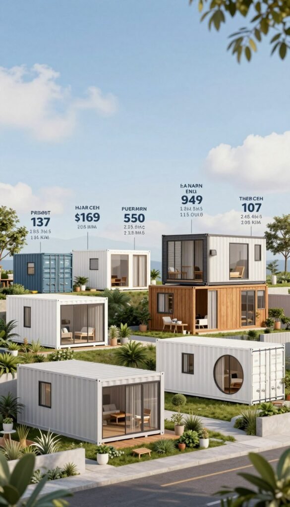 A visually engaging rendering of various shipping container homes arranged in a balanced layout, showcasing different sizes and configurations that reflect their impact on pricing. In the foreground, depict a range of container homes in various styles, like a compact studio and a larger family layout, surrounded by modern landscaping. The middle ground features price tags and dimensions subtly integrated into the scene, while the background includes a bright blue sky with soft clouds. Use natural sunlight to create an inviting atmosphere, and employ a wide-angle lens to capture the entire scene for a dynamic perspective. The image should convey an informative yet approachable mood, ideal for illustrating how container size and layout affect overall costs. A visually engaging rendering of various shipping container homes arranged in a balanced layout, showcasing different sizes and configurations that reflect their impact on pricing. In the foreground, depict a range of container homes in various styles, like a compact studio and a larger family layout, surrounded by modern landscaping. The middle ground features price tags and dimensions subtly integrated into the scene, while the background includes a bright blue sky with soft clouds. Use natural sunlight to create an inviting atmosphere, and employ a wide-angle lens to capture the entire scene for a dynamic perspective. The image should convey an informative yet approachable mood, ideal for illustrating how container size and layout affect overall costs.