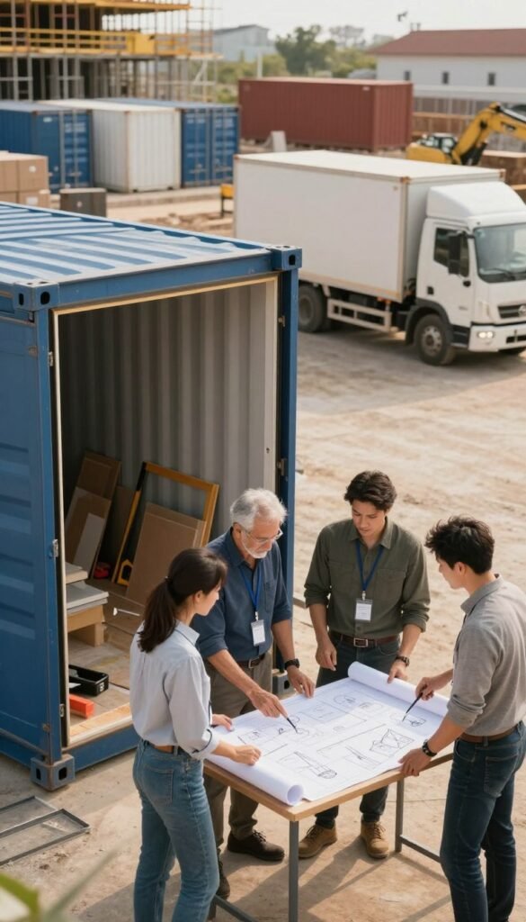 A visually striking image showcasing the key factors influencing the cost of shipping container homes. In the foreground, a detailed shipping container is partially open, revealing its interior with construction tools and materials, illustrating structural modifications. In the middle ground, a diverse group of three professionals in modest casual clothing are engaged in discussing plans and sketches on a large blueprint spread across a table. The background features a construction site with containers stacked, a delivery truck, and construction equipment, symbolizing the purchase and delivery process. Soft, natural lighting casts a warm, inviting glow over the scene, enhancing a productive atmosphere, while a slight depth of field focuses on the professionals and the container, drawing the viewer’s eye to the subject matter. A visually striking image showcasing the key factors influencing the cost of shipping container homes. In the foreground, a detailed shipping container is partially open, revealing its interior with construction tools and materials, illustrating structural modifications. In the middle ground, a diverse group of three professionals in modest casual clothing are engaged in discussing plans and sketches on a large blueprint spread across a table. The background features a construction site with containers stacked, a delivery truck, and construction equipment, symbolizing the purchase and delivery process. Soft, natural lighting casts a warm, inviting glow over the scene, enhancing a productive atmosphere, while a slight depth of field focuses on the professionals and the container, drawing the viewer’s eye to the subject matter.
