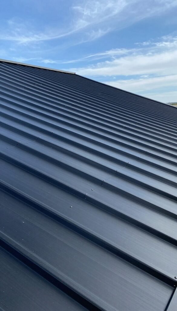 A close-up view of a durable black metal roof showcasing its sleek, modern texture. The foreground features the black metal panels reflecting subtle sunlight, emphasizing their resilience and quality. In the middle, a gentle slope of the roof leads the eye, intersected by elegant seams that highlight the craftsmanship. The background includes a clear blue sky with wispy clouds, hinting at a sunny day that emphasizes the roof's energy efficiency. The image is taken from a low angle, accentuating the roof’s stature and durability. The atmosphere is bright and inviting, conveying a sense of strength and reliability, ideal for illustrating the benefits of black metal roofs. A close-up view of a durable black metal roof showcasing its sleek, modern texture. The foreground features the black metal panels reflecting subtle sunlight, emphasizing their resilience and quality. In the middle, a gentle slope of the roof leads the eye, intersected by elegant seams that highlight the craftsmanship. The background includes a clear blue sky with wispy clouds, hinting at a sunny day that emphasizes the roof's energy efficiency. The image is taken from a low angle, accentuating the roof’s stature and durability. The atmosphere is bright and inviting, conveying a sense of strength and reliability, ideal for illustrating the benefits of black metal roofs.