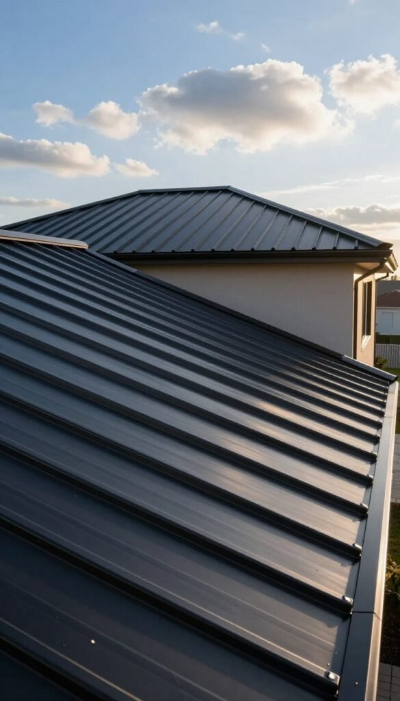 A close-up view of a durable black metal roof, showcasing its textured finish under natural sunlight. In the foreground, the sleek black panels reflect the sunlight, highlighting their resilience and modern aesthetic. The middle ground features a residential home with a striking roofline, emphasizing the appeal of a black metal roof in architecture. In the background, a clear blue sky contrasts with scattered clouds, suggesting various weather conditions it can withstand. Warm, inviting lighting enhances the scene, while a slight angle captures the roof’s depth and design. The overall atmosphere is professional and informative, illustrating strength and performance in real-world weather. A close-up view of a durable black metal roof, showcasing its textured finish under natural sunlight. In the foreground, the sleek black panels reflect the sunlight, highlighting their resilience and modern aesthetic. The middle ground features a residential home with a striking roofline, emphasizing the appeal of a black metal roof in architecture. In the background, a clear blue sky contrasts with scattered clouds, suggesting various weather conditions it can withstand. Warm, inviting lighting enhances the scene, while a slight angle captures the roof’s depth and design. The overall atmosphere is professional and informative, illustrating strength and performance in real-world weather.