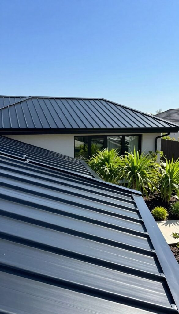 A modern house featuring a sleek energy-efficient black metal roof, glistening under bright sunlight. In the foreground, the roof's unique texture captures the light, showcasing its reflective properties. The middle ground includes well-maintained landscaping, with vibrant green plants that contrast beautifully with the dark roof. In the background, a clear blue sky adds to the atmosphere of warmth and energy efficiency. The scene is shot with a wide-angle lens from a slightly elevated perspective, emphasizing the roof's design and efficiency features. The overall mood conveys a sense of tranquility and modern sustainability, highlighting the benefits of black roofing in a contemporary setting. A modern house featuring a sleek energy-efficient black metal roof, glistening under bright sunlight. In the foreground, the roof's unique texture captures the light, showcasing its reflective properties. The middle ground includes well-maintained landscaping, with vibrant green plants that contrast beautifully with the dark roof. In the background, a clear blue sky adds to the atmosphere of warmth and energy efficiency. The scene is shot with a wide-angle lens from a slightly elevated perspective, emphasizing the roof's design and efficiency features. The overall mood conveys a sense of tranquility and modern sustainability, highlighting the benefits of black roofing in a contemporary setting.