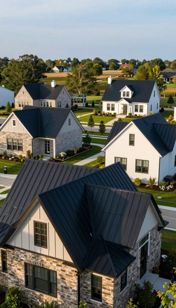 A picturesque neighborhood showcasing various American homes with distinct architectural styles, all featuring high-quality black metal roofs. In the foreground, a charming Craftsman-style house with a stylish black metal roof glistens under soft, natural sunlight, highlighting its sleek lines. Adjacent, a modern, minimalist home complements the scene, illustrating versatility. In the background, traditional colonial and farmhouse styles display how black metal roofs can enhance curb appeal. The sky is clear with a slight blue hue, creating an inviting atmosphere. Use a wide-angle lens to capture the full range of homes, ensuring vibrant colors and textures of the roofs stand out. The overall mood is fresh and appealing, emphasizing the stylishness and practicality of black metal roofing options for various home designs. A picturesque neighborhood showcasing various American homes with distinct architectural styles, all featuring high-quality black metal roofs. In the foreground, a charming Craftsman-style house with a stylish black metal roof glistens under soft, natural sunlight, highlighting its sleek lines. Adjacent, a modern, minimalist home complements the scene, illustrating versatility. In the background, traditional colonial and farmhouse styles display how black metal roofs can enhance curb appeal. The sky is clear with a slight blue hue, creating an inviting atmosphere. Use a wide-angle lens to capture the full range of homes, ensuring vibrant colors and textures of the roofs stand out. The overall mood is fresh and appealing, emphasizing the stylishness and practicality of black metal roofing options for various home designs.